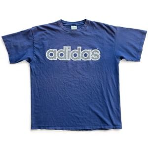 Vintage 90s Adidas Trefoil Logo Spellout T Shirt Navy Blue Gray XL Sports Brand